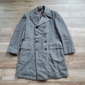Vintage 60s Glen Plaid Overcoat Gray Plaid Double Breasted 42R